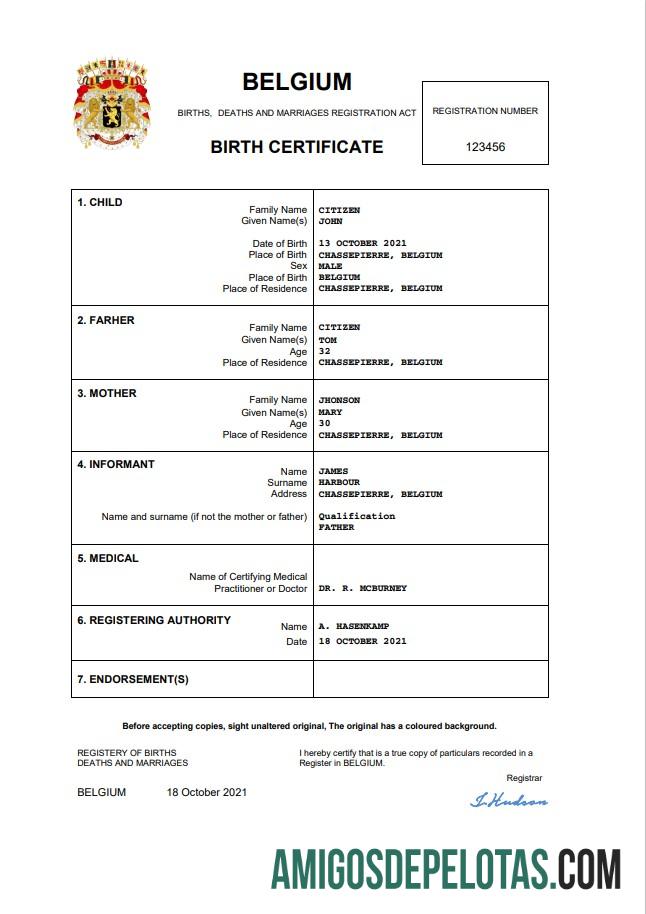 Certidão de nascimento de registro vital da Bélgica, palavra e PDF amostra